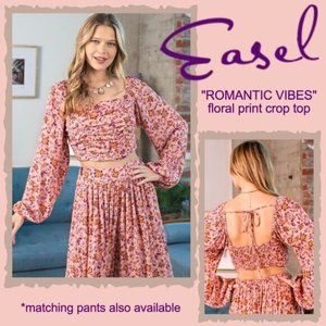 EASEL "Romantic Vibes" Sexy Ruched Smocked Crop Top Long Sleeves Open Back W/Tie